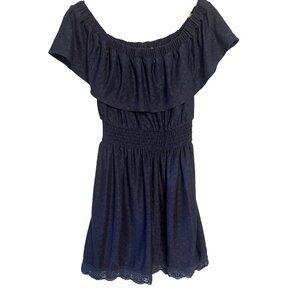 Navy Off-Shoulder Smocked Mini Dress Eyelet Design Ruffled Neckline Lace Hem  M